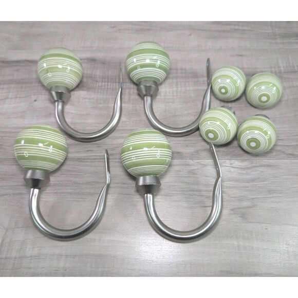 Lot of 8 Pottery Barn Green and White Swirl Curtain Finials + Drapery Tie Backs - Picture 1 of 14